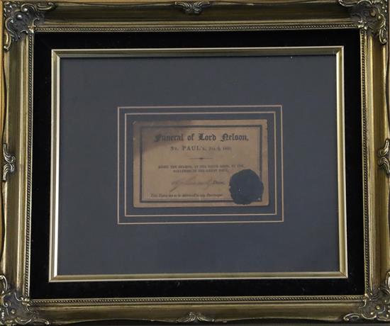 A ticket for the funeral of Lord Nelson at St Pauls, Jan 9 1806 7.5 x 11.5cm